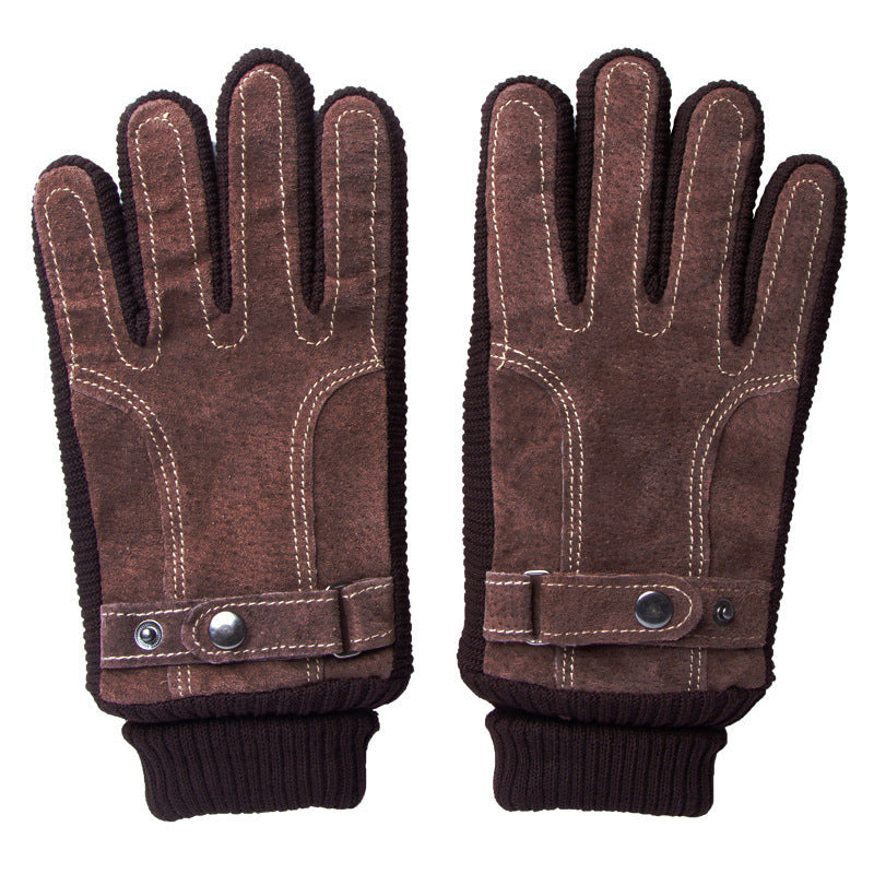 Winter Ski Warm Cycling Gloves Pigskin Men Fleece Thickened Cold Waterproof Touch Screen Outdoor Motorcycle Electric Bike