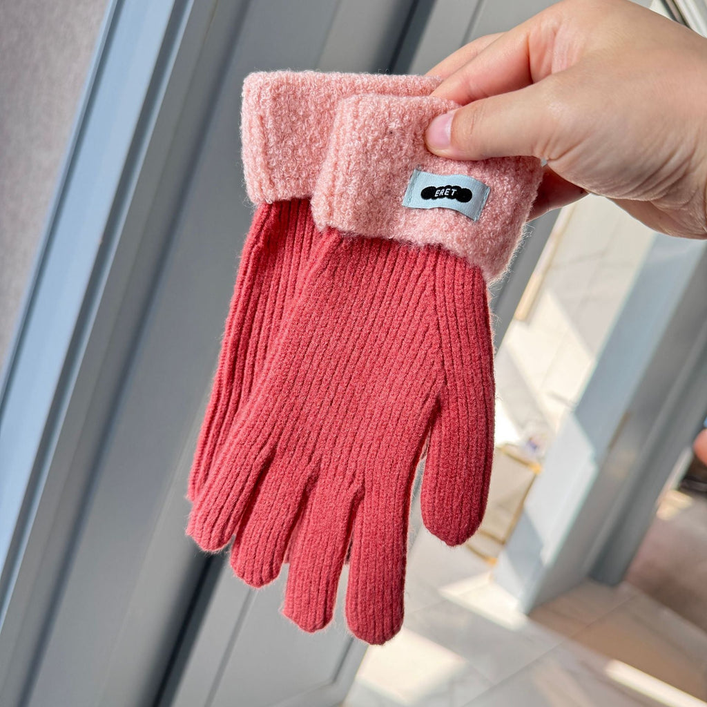 Korean style soft glutinous lamb ring color matching gloves women winter student warm cycling five-finger knitted gloves naked finger touch screen