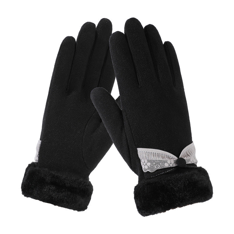 New Elegant Padded Fall Winter Warm Gloves Touch Screen Fleece Double Layer Windproof Coldproof Outdoor Gloves Women