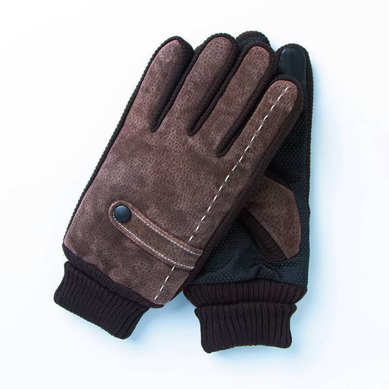 Winter Ski Warm Cycling Gloves Pigskin Men Fleece Thickened Cold Waterproof Touch Screen Outdoor Motorcycle Electric Bike