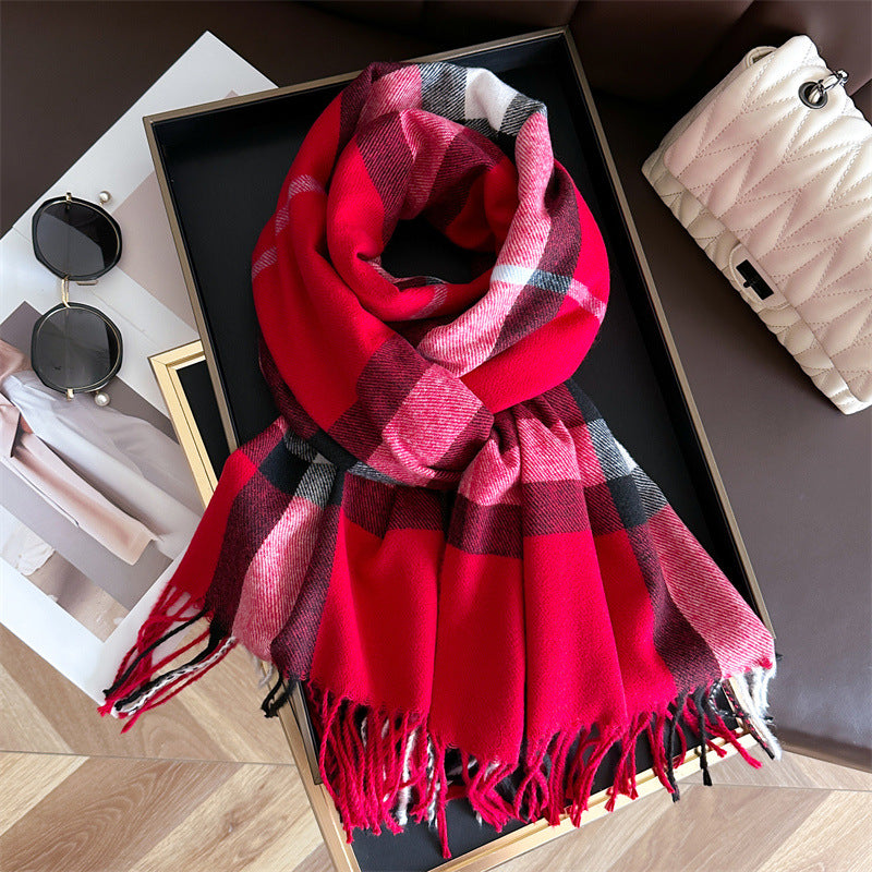 2024 explosive imitation cashmere plaid thermal shawl neck unisex autumn and winter fashion all-match tassel scarf