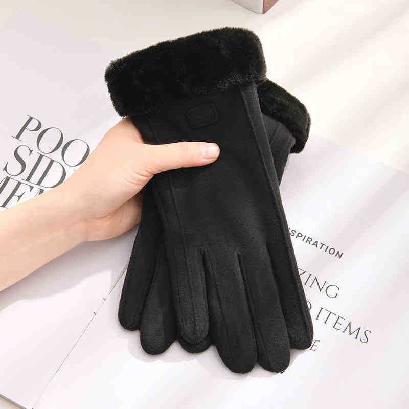 Gloves for women in autumn and winter, warm double layer plus velvet and thickening for cycling, cute German velvet cold-proof cycling and windproof touch screen gloves