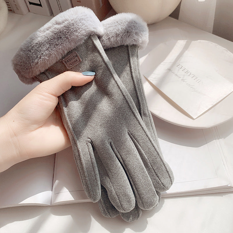 Gloves for women in autumn and winter, warm double layer plus velvet and thickening for cycling, cute German velvet cold-proof cycling and windproof touch screen gloves