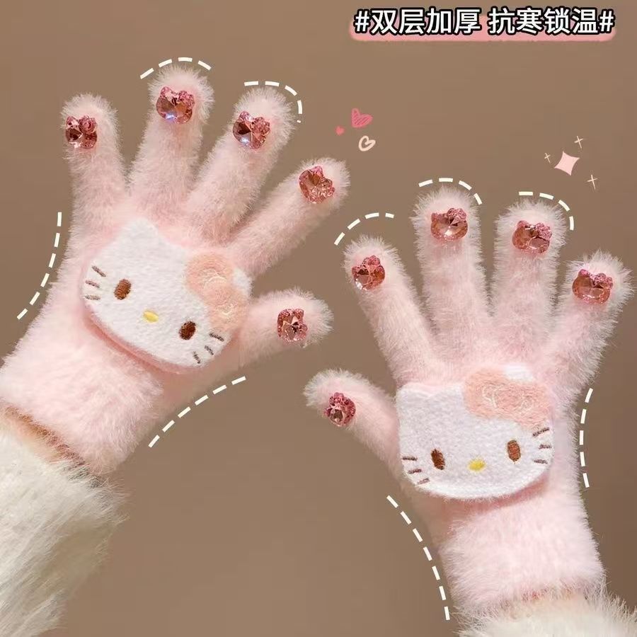 New Cartoon Cat Diamond Yarn Gloves Windproof Coldproof Warm Kids Gloves Parent-Child Plush Knit Finger