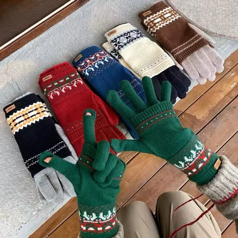 Vintage Vibe Detachable Two Fair Island Jacquard Knitted Gloves Autumn Winter Warm Wool Touch Screen Reveal Two Fingers