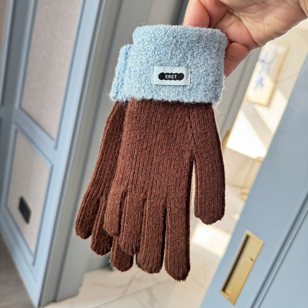 Korean style soft glutinous lamb ring color matching gloves women winter student warm cycling five-finger knitted gloves naked finger touch screen