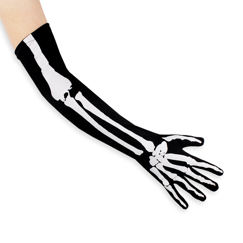 Halloween skeleton double-sided printed long ghost gloves cospaly performance props whole gu skeleton ghost gloves