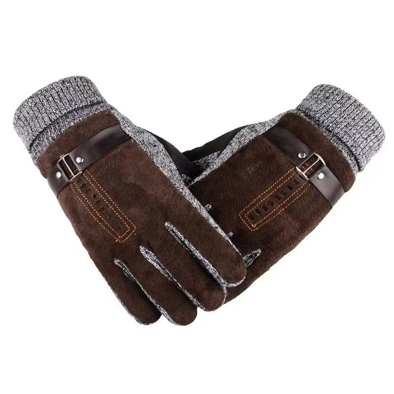 Winter Ski Warm Cycling Gloves Pigskin Men Fleece Thickened Cold Waterproof Touch Screen Outdoor Motorcycle Electric Bike