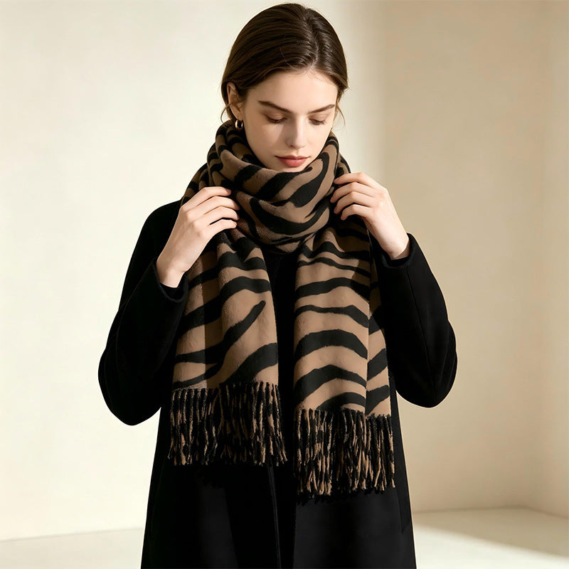 Cross-border new product zebra print scarf for women in autumn and winter, thickened and warm, high-end tassel shawl, Korean version, versatile scarf for men