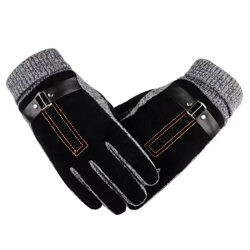Winter Ski Warm Cycling Gloves Pigskin Men Fleece Thickened Cold Waterproof Touch Screen Outdoor Motorcycle Electric Bike