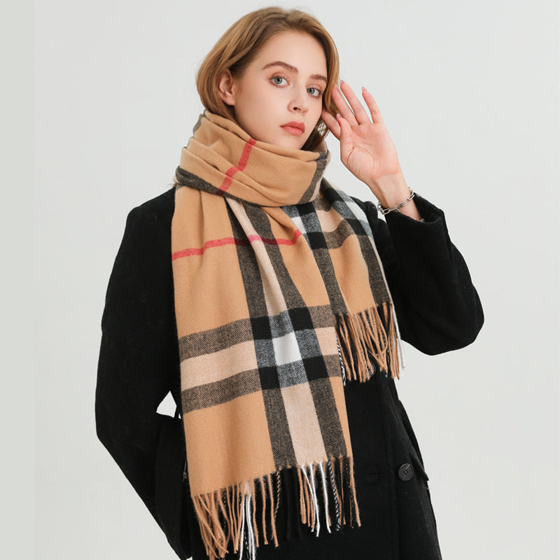 2024 explosive imitation cashmere plaid thermal shawl neck unisex autumn and winter fashion all-match tassel scarf