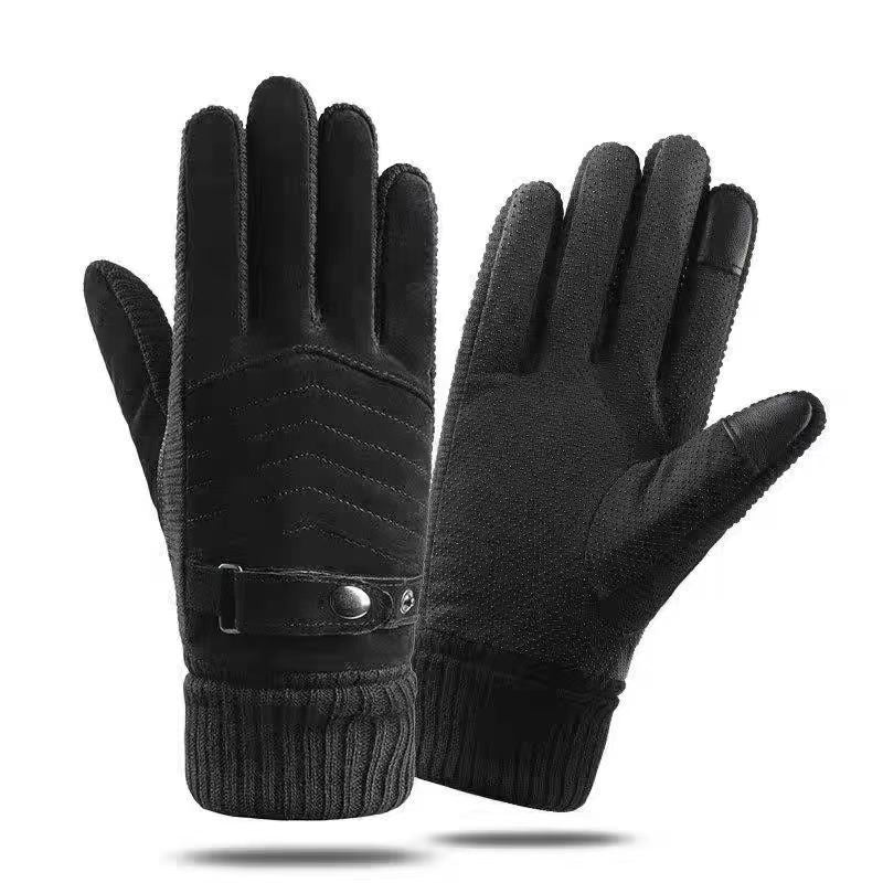 Winter Ski Warm Cycling Gloves Pigskin Men Fleece Thickened Cold Waterproof Touch Screen Outdoor Motorcycle Electric Bike