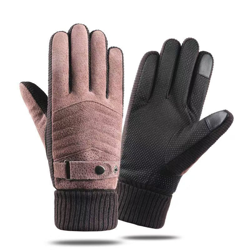 Winter Ski Warm Cycling Gloves Pigskin Men Fleece Thickened Cold Waterproof Touch Screen Outdoor Motorcycle Electric Bike