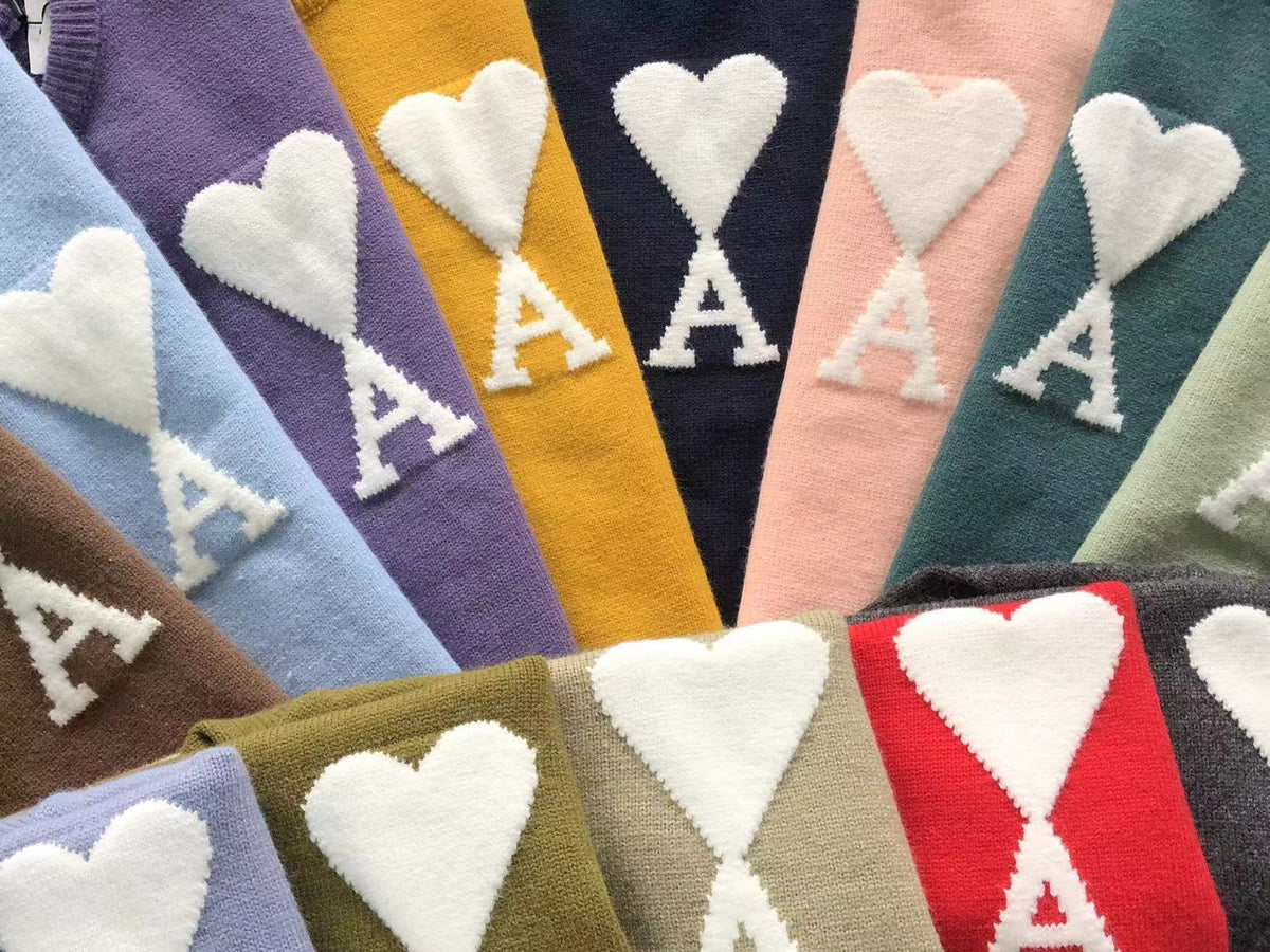 AMI Paris Maxi White Heart Knit Sweater Blue