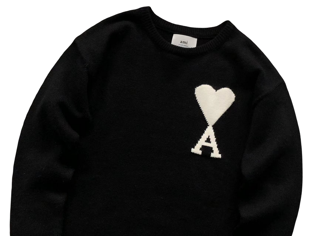 AMI Paris Maxi White Heart Knit Sweater Black