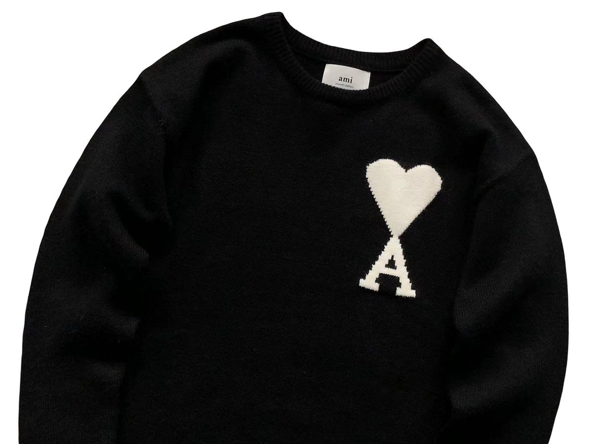 AMI Paris Maxi White Heart Knit Sweater Black