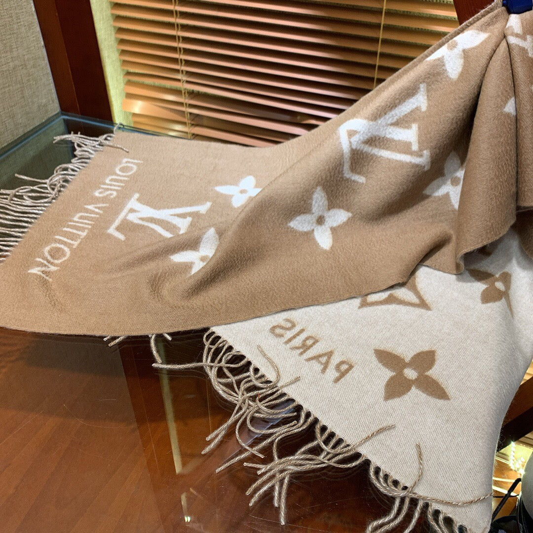 Louis Vuitton Monogram Scarf - Beige and White Wool Cashmere Blend Luxury Fringe Wrap